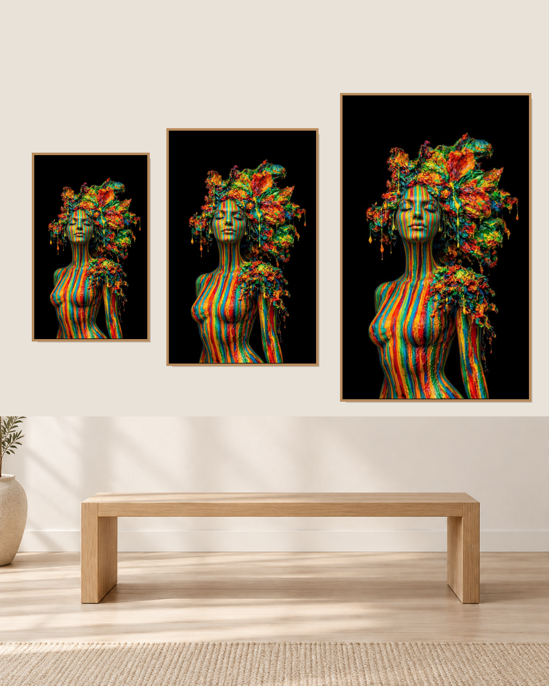 Emerging Body by NAÏAH size guide showing 30 × 45, 40 × 60 and 70 × 100 cm fine art prints.