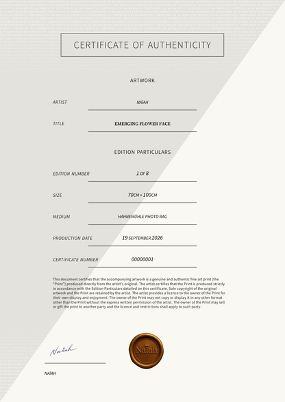 Emerging Flower Face — Certificate of Authenticity