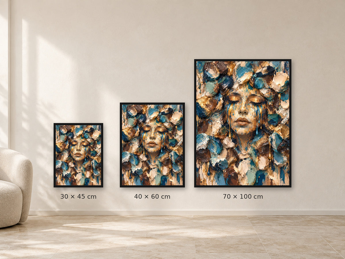 Playground Blue Face by NAÏAH showing the 30 × 45, 40 × 60 and 70 × 100 cm print formats.
