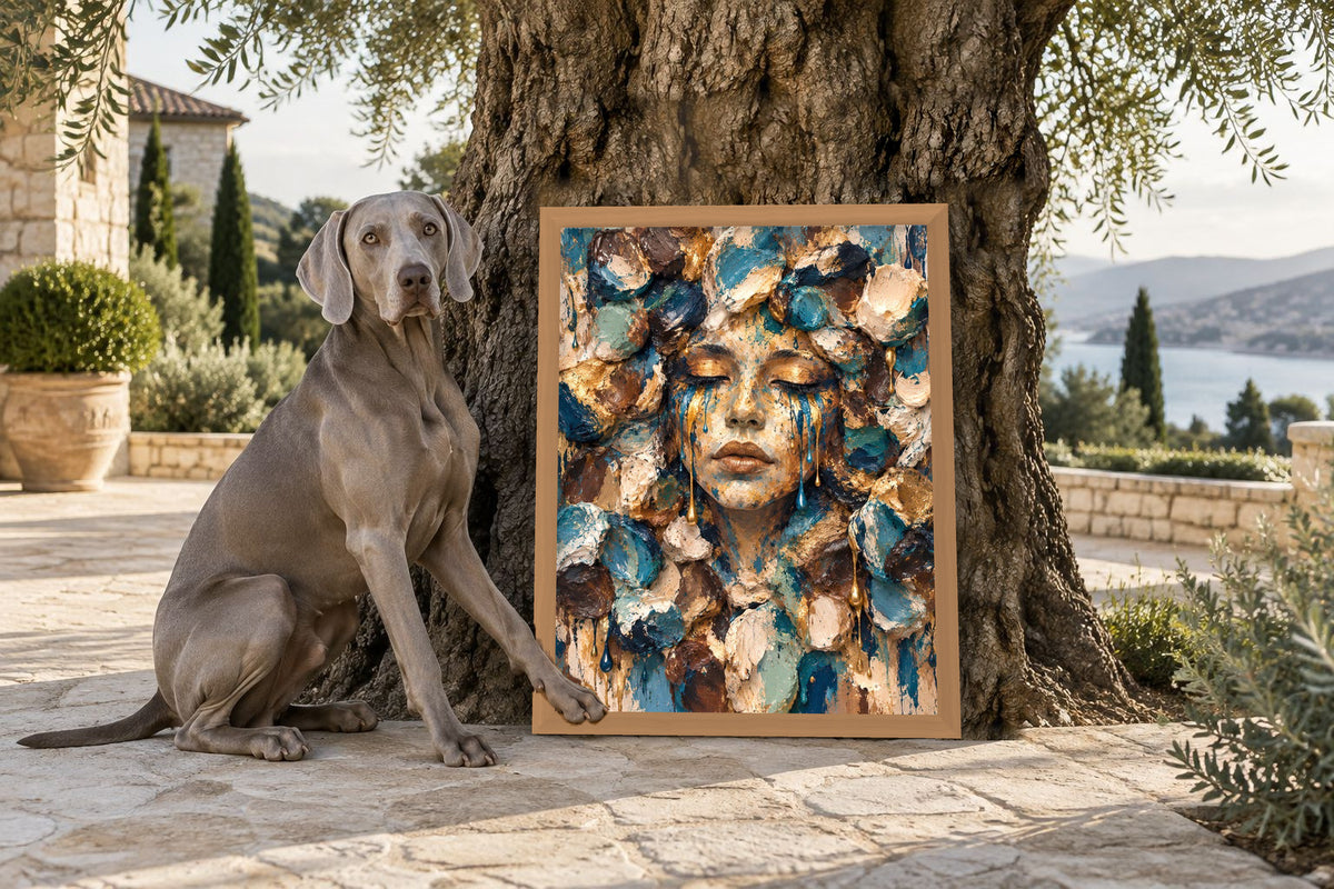 Playground Blue Face by NAÏAH in an oak frame outdoors beside an olive tree and a Weimaraner.