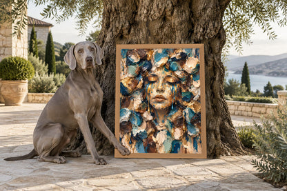 Playground Blue Face by NAÏAH in an oak frame outdoors beside an olive tree and a Weimaraner.