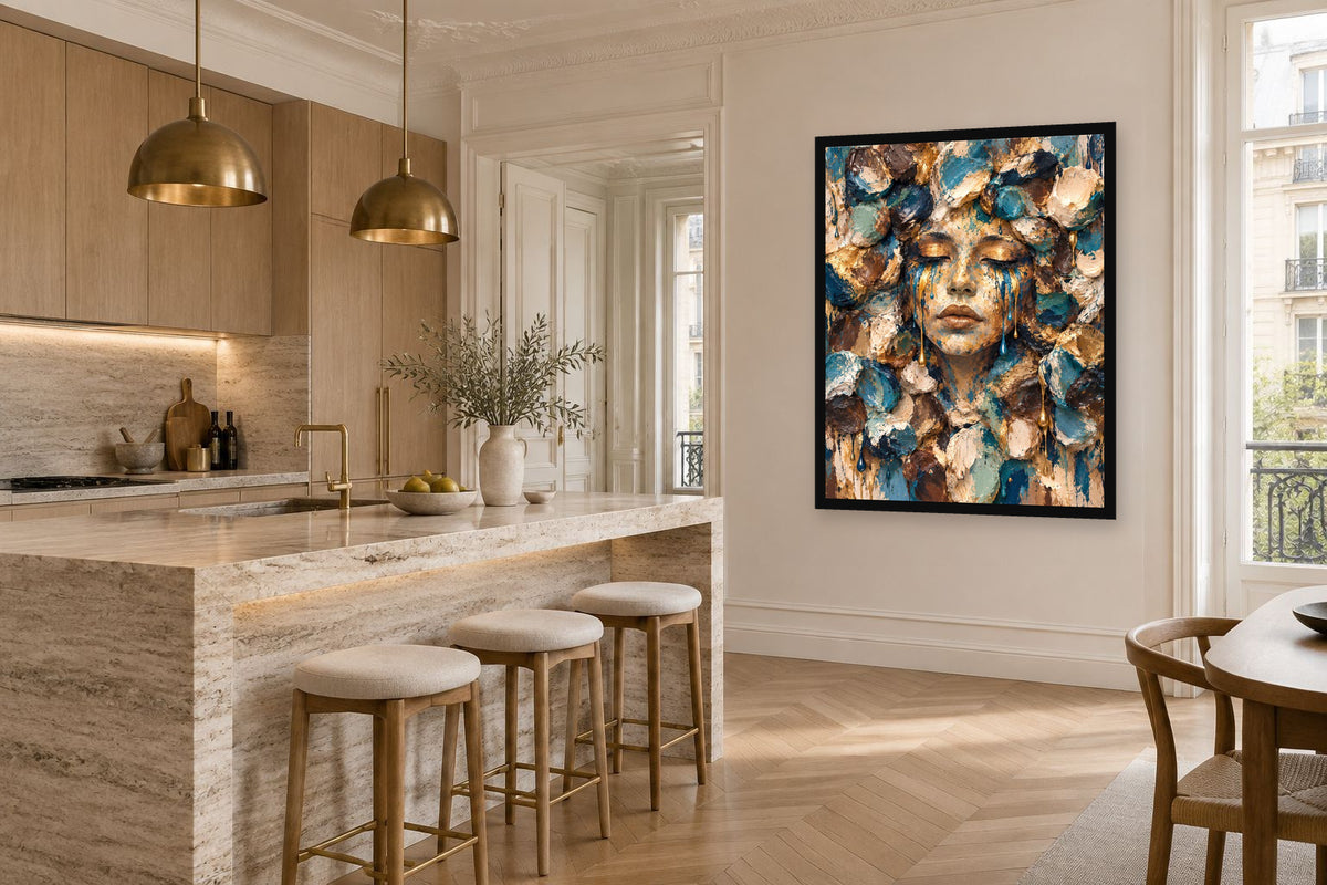 Playground Blue Face by NAÏAH in a black frame in a bright Parisian kitchen.