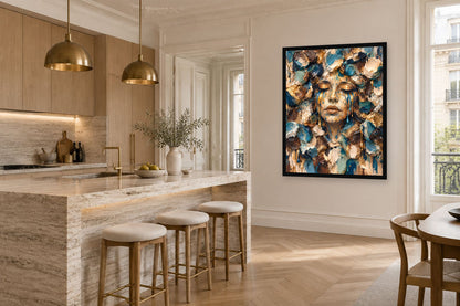 Playground Blue Face by NAÏAH in a black frame in a bright Parisian kitchen.