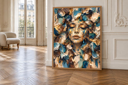Playground Blue Face by NAÏAH in an oak frame in a light Haussmann interior.