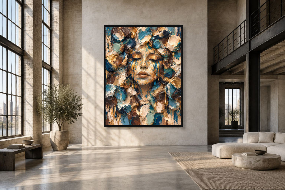 Playground Blue Face by NAÏAH in a black frame in a refined artist loft interior.