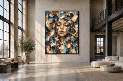 Playground Blue Face by NAÏAH in a black frame in a refined artist loft interior.
