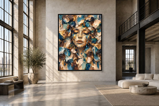 Playground Blue Face by NAÏAH in a black frame in a refined artist loft interior.