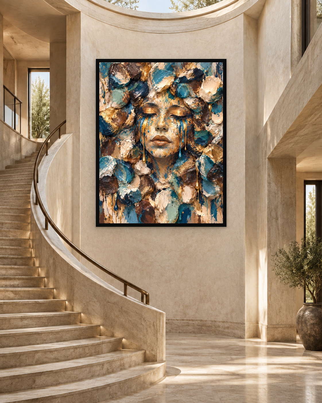 Playground Blue Face by NAÏAH in a black frame beside a curved luxury staircase.