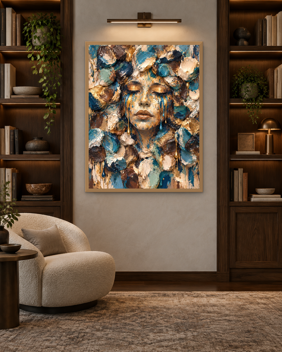 Playground Blue Face by NAÏAH in an oak frame in a private library.