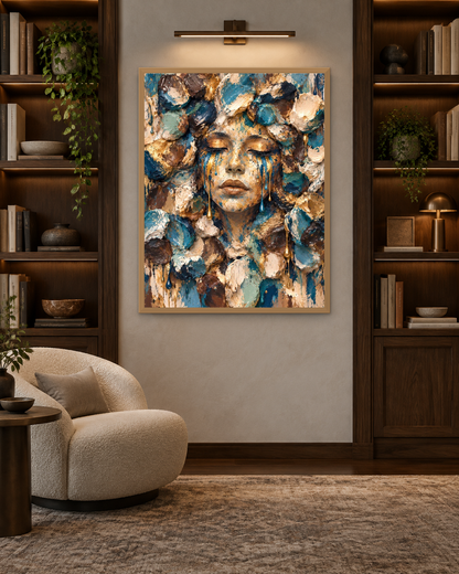 Playground Blue Face by NAÏAH in an oak frame in a private library.