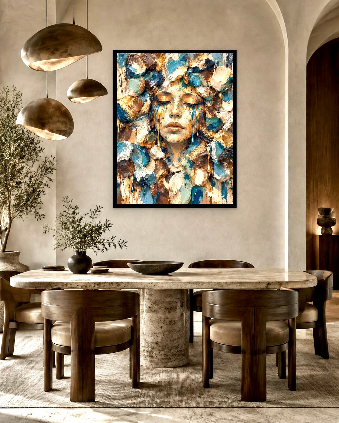 Playground Blue Face by NAÏAH in a black frame in a sculptural luxury dining room.