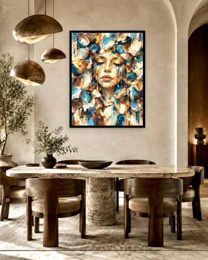 Playground Blue Face by NAÏAH in a black frame in a sculptural luxury dining room.