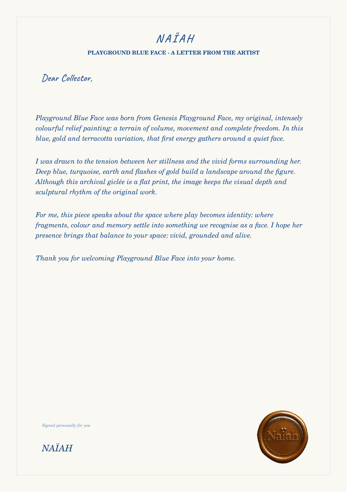 Dear Collector artist letter included with Playground Blue Face by NAÏAH.
