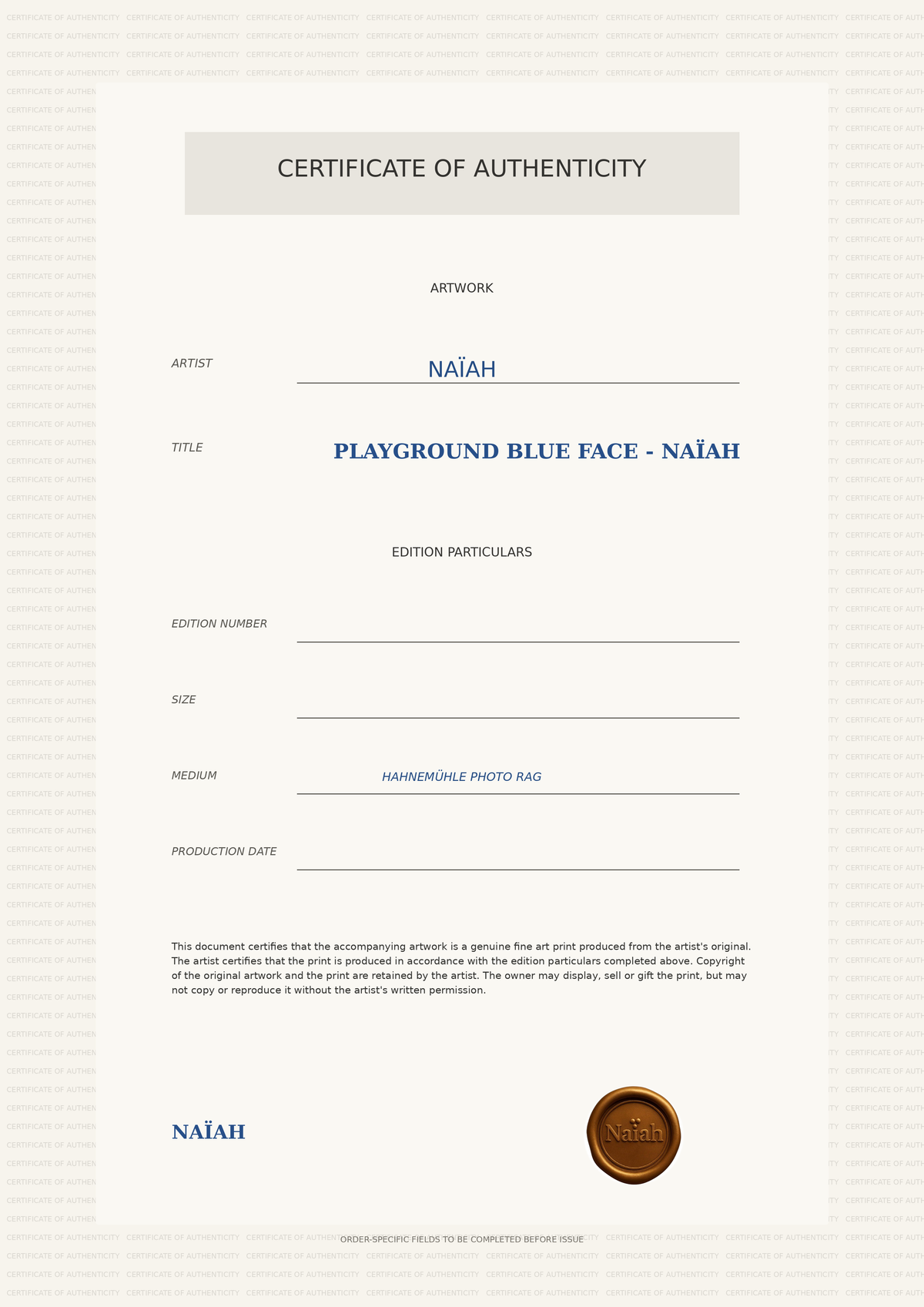 Certificate of Authenticity for Playground Blue Face by NAÏAH.