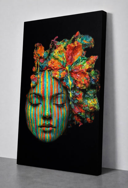 Full artwork view of Emerging Face by NAÏAH, a colorful striped sculptural female face with a headdress on a black background.
