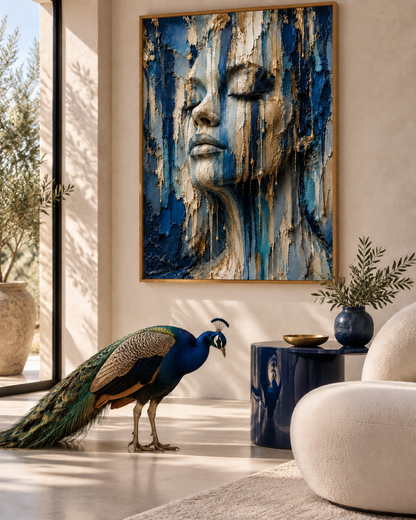 Blue Soul by Naïah displayed in a refined interior beside a realistic blue peacock