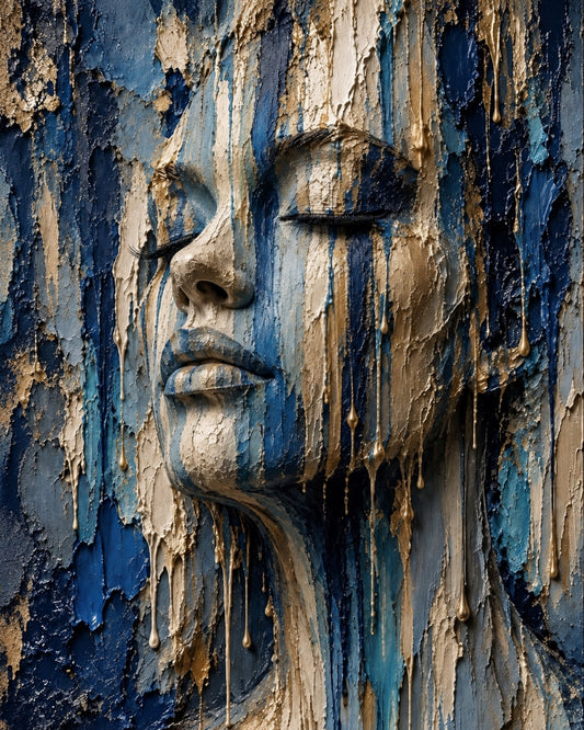 Blue Soul by Naïah, blue, cream and gold textured contemporary portrait fine art print.