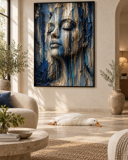 Blue Soul by Naïah displayed in a refined interior beside a realistic reclining goose