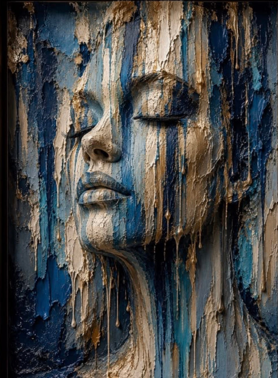 Blue Soul by Naïah, a vertical fine art print with a serene blue and gold figure and flowing mineral detail