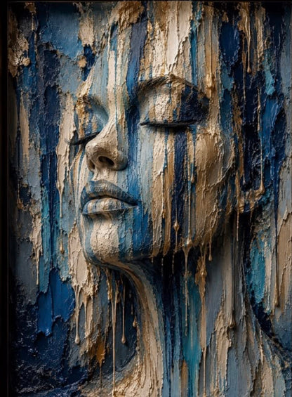 Blue Soul by Naïah, a vertical fine art print with a serene blue and gold figure and flowing mineral detail