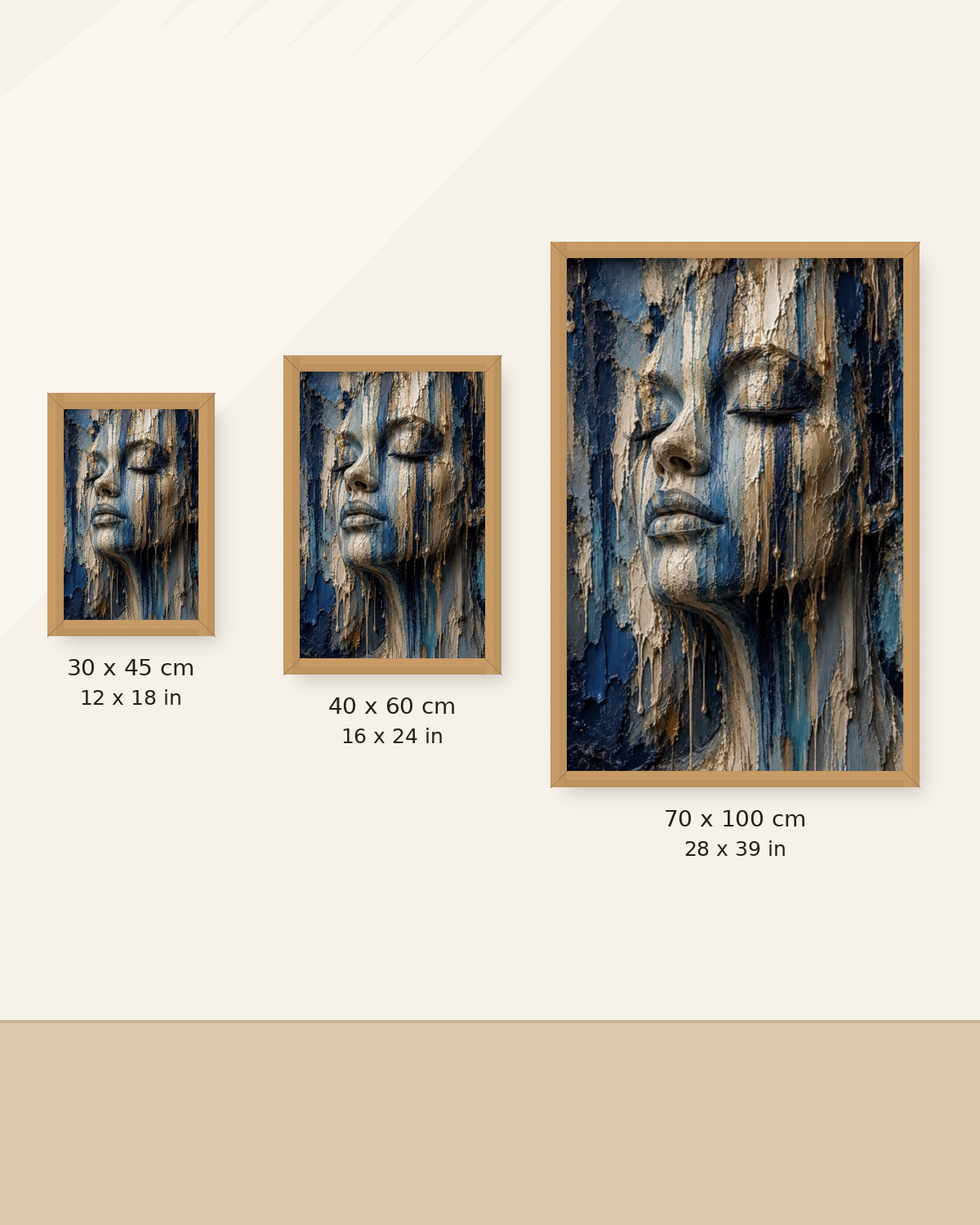 Blue Soul size guide showing 30 × 45, 40 × 60 and 70 × 100 cm in oak frames