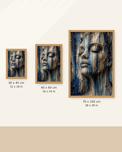 Blue Soul size guide showing 30 × 45, 40 × 60 and 70 × 100 cm in oak frames
