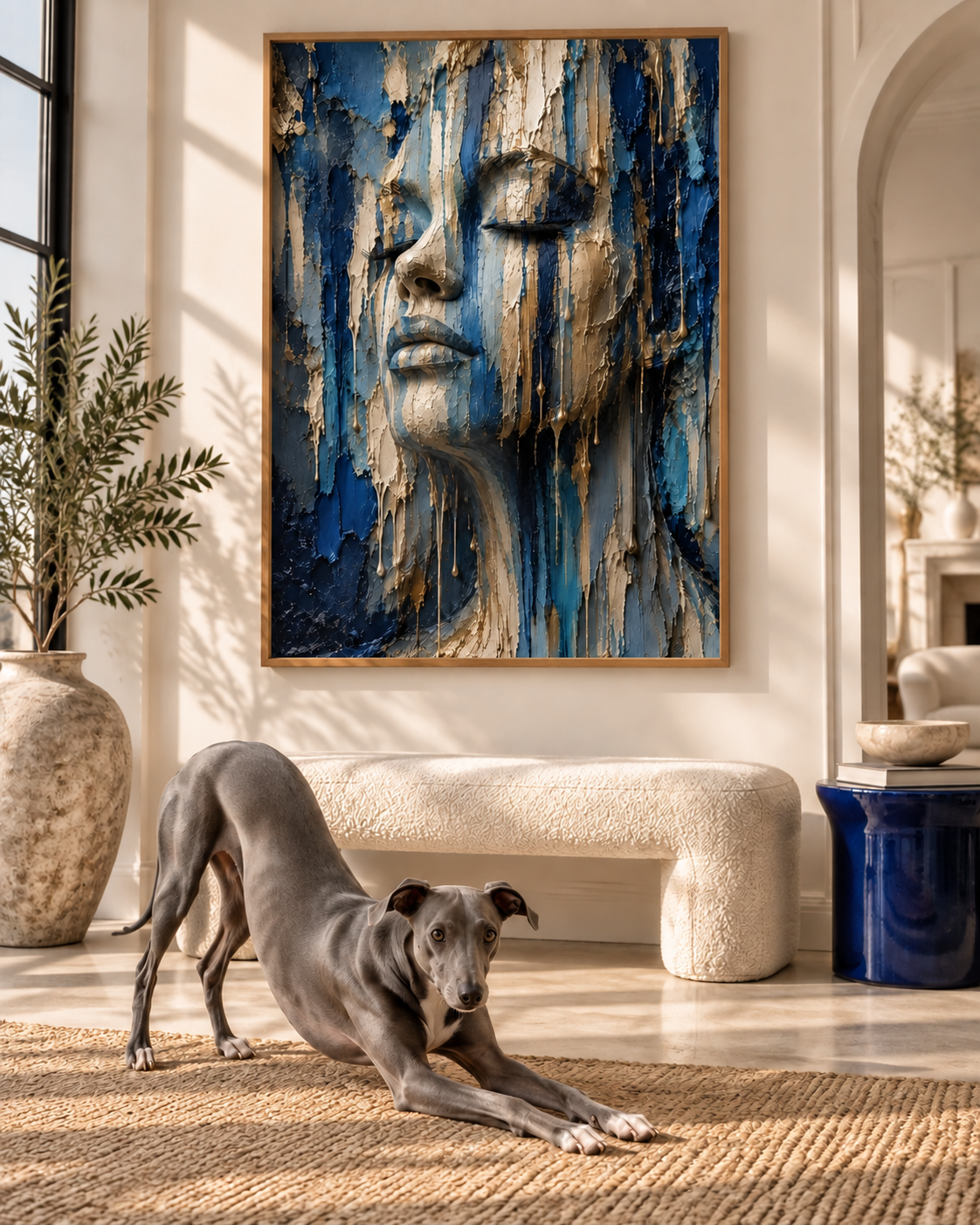 Blue Soul by Naïah displayed in a refined interior beside a realistic whippet