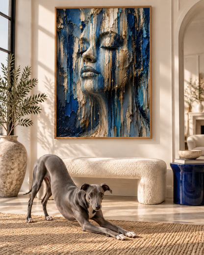 Blue Soul by Naïah displayed in a refined interior beside a realistic whippet