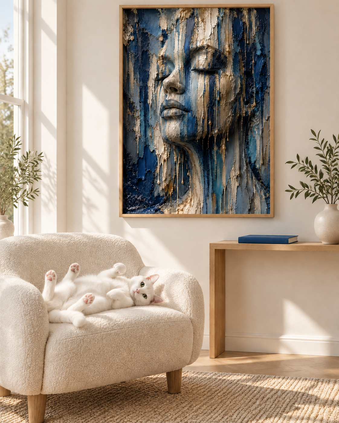 Blue Soul by Naïah displayed in a refined interior beside a realistic white cat