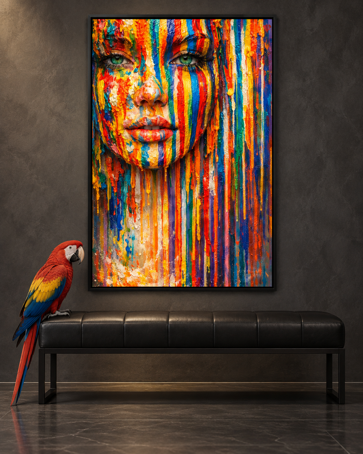 Chromatic Gaze by NAÏAH, a colorful sculptural female portrait with open green eyes, displayed in a luxury interior with a realistic macaw, first composition.