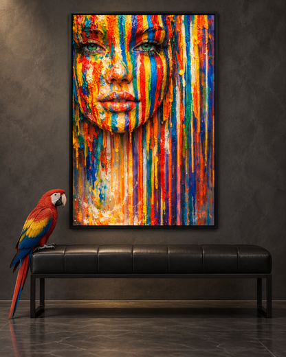 Chromatic Gaze by NAÏAH, a colorful sculptural female portrait with open green eyes, displayed in a luxury interior with a realistic macaw, first composition.