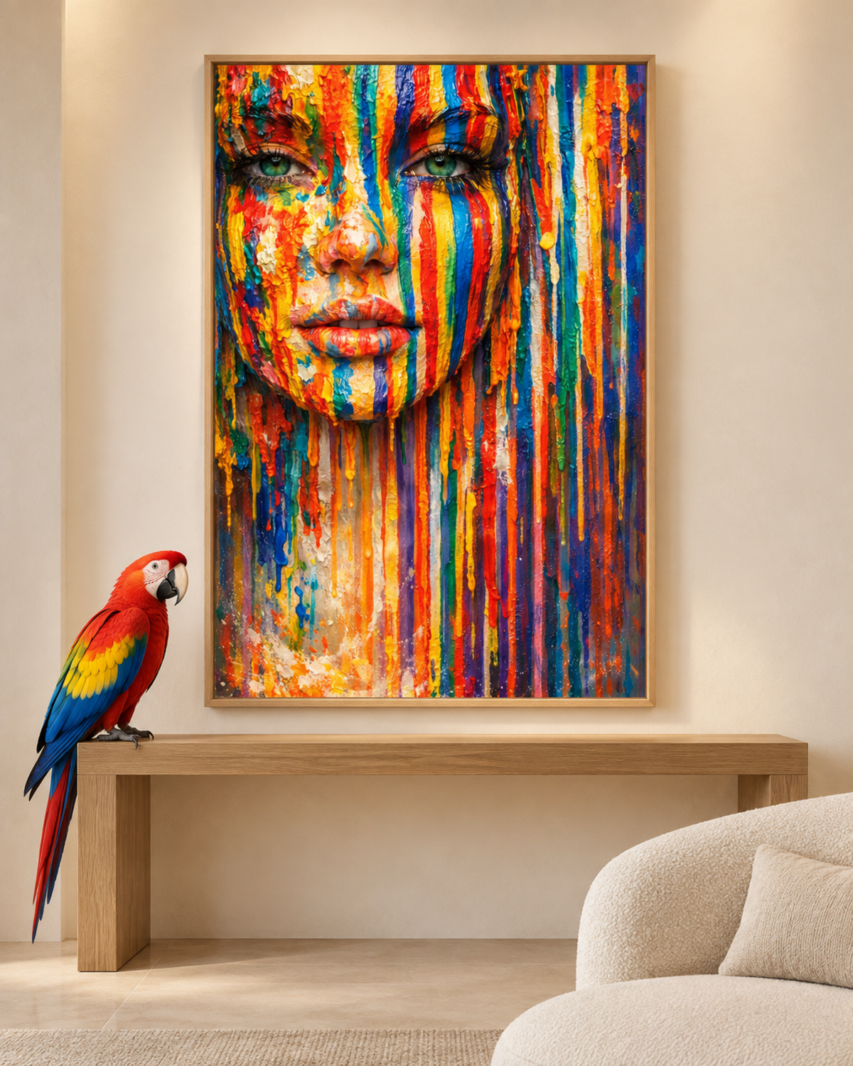 Chromatic Gaze by NAÏAH, a colorful sculptural female portrait with open green eyes, displayed in a bright luxury interior with a realistic macaw, second composition.