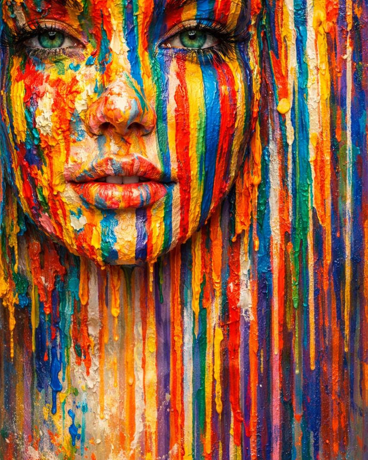 Chromatic Gaze by NAÏAH, a colorful sculptural female portrait with open green eyes, full artwork view prepared for the product gallery.