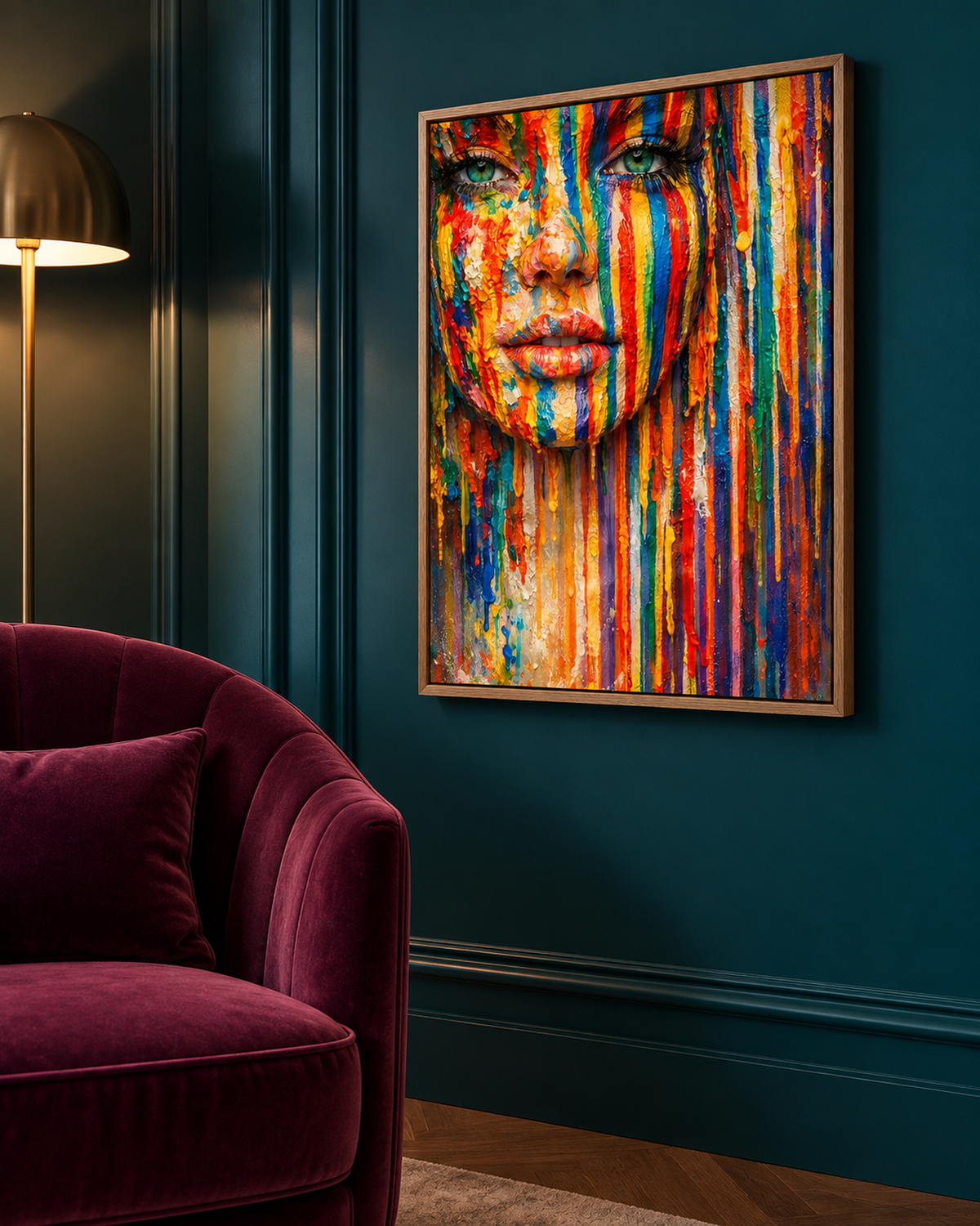 Chromatic Gaze by NAÏAH, a colorful sculptural female portrait with open green eyes, shown at 30 × 45 cm in an oak frame in a dark lacquered designer interior.