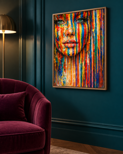 Chromatic Gaze by NAÏAH, a colorful sculptural female portrait with open green eyes, shown at 30 × 45 cm in an oak frame in a dark lacquered designer interior.