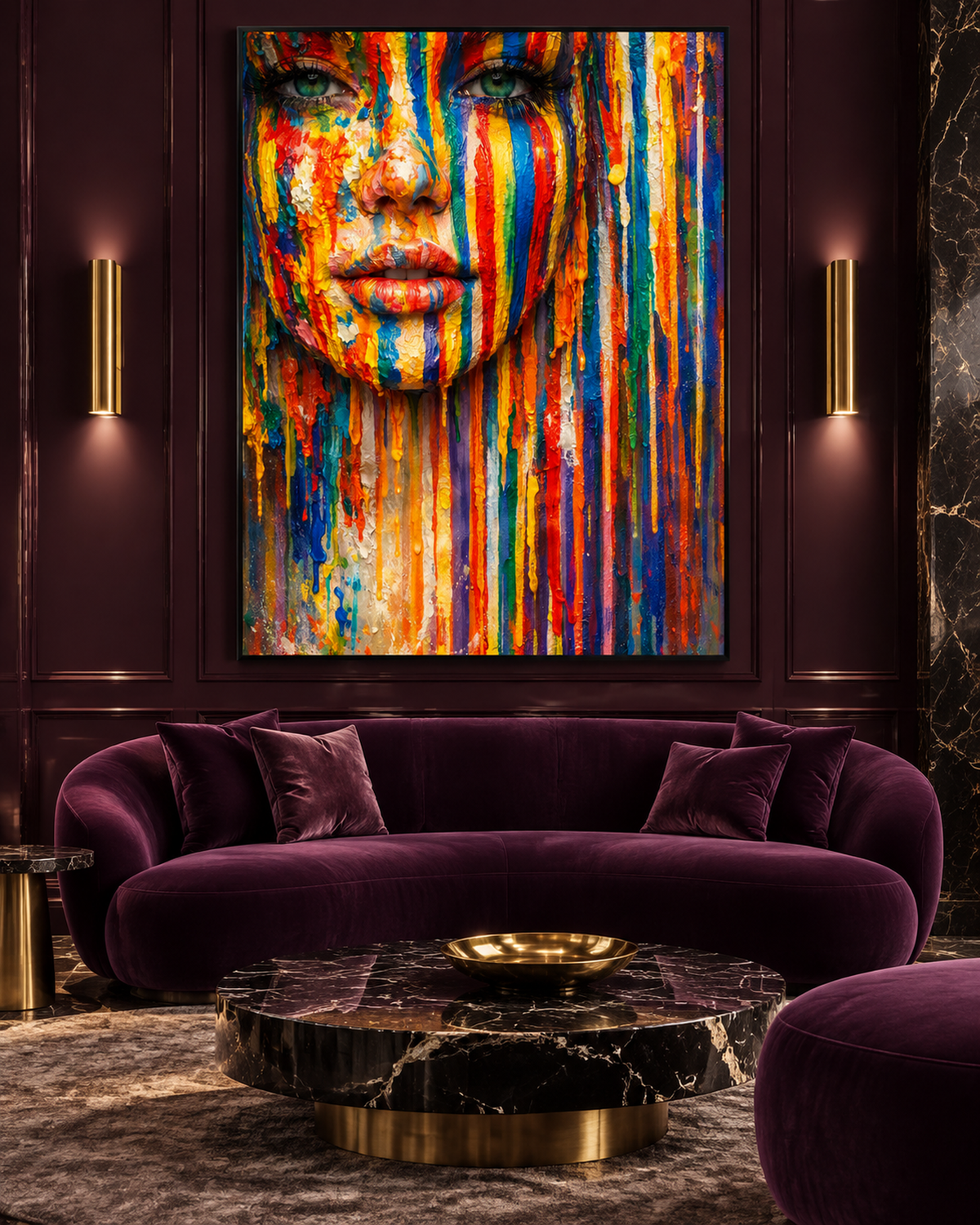 Chromatic Gaze by NAÏAH, a colorful sculptural female portrait with open green eyes, shown at 70 × 100 cm in a black frame in a luxury living room.