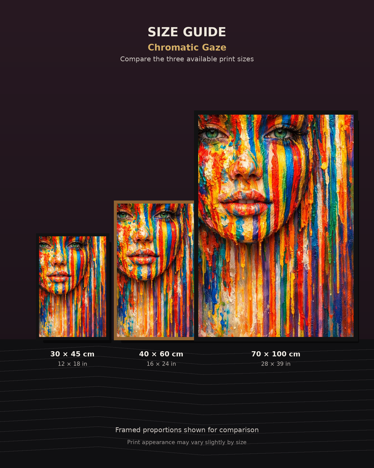 Chromatic Gaze by NAÏAH size guide comparing 30 × 45, 40 × 60 and 70 × 100 cm formats.