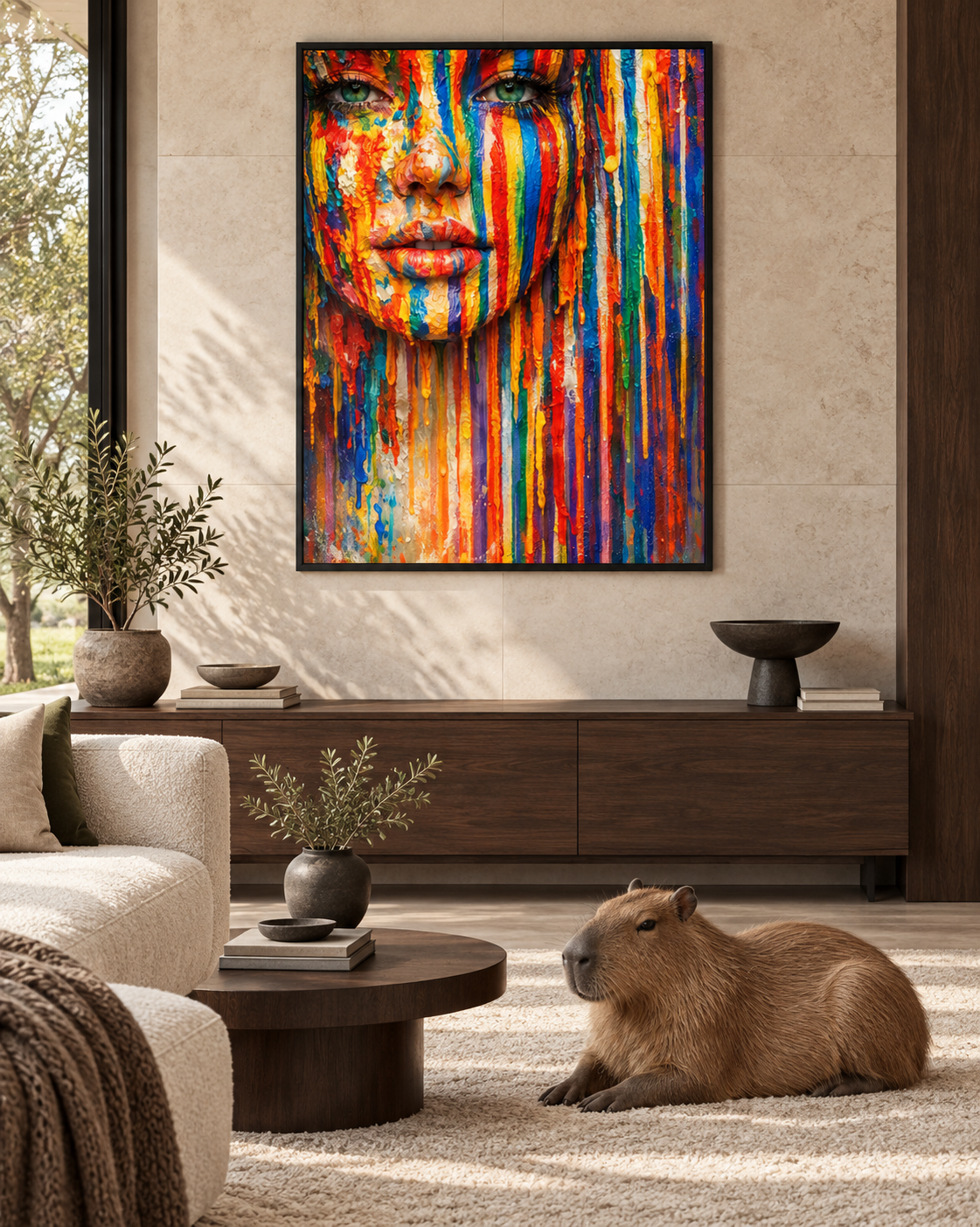 Chromatic Gaze by NAÏAH, a colorful sculptural female portrait with open green eyes, displayed in a luxury living room with a realistic capybara.