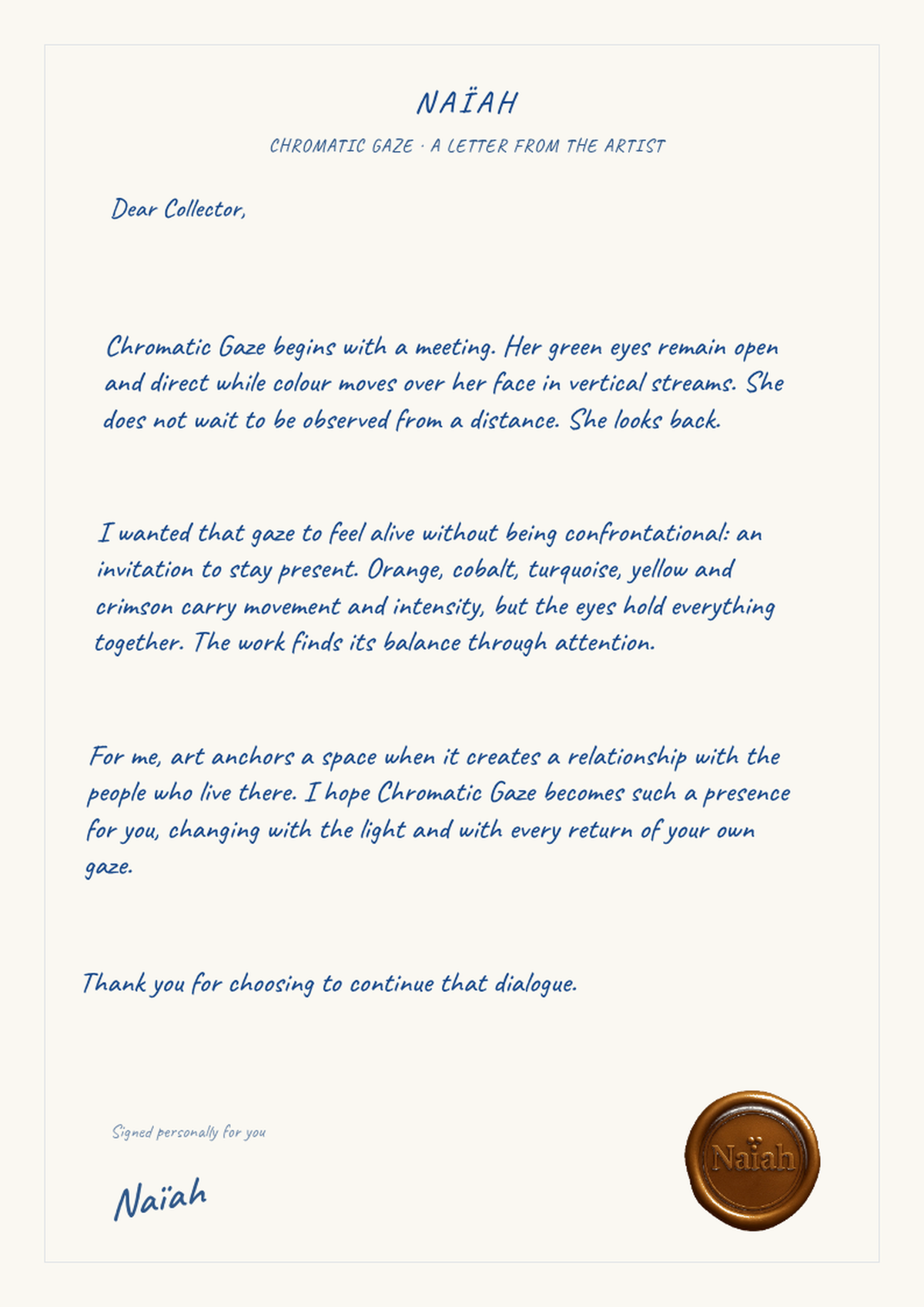 Personal Dear Collector artist letter for Chromatic Gaze by NAÏAH.