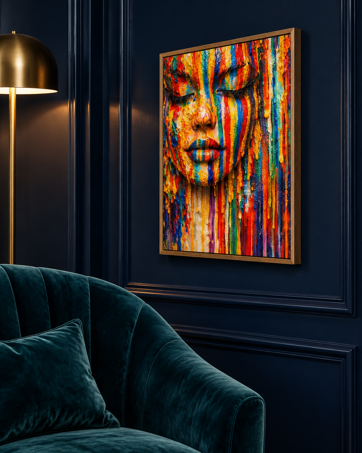 Chromatic Silence by NAÏAH, a colorful sculptural female portrait with closed eyes, shown at 30 × 45 cm in an oak frame in a dark lacquered designer interior.