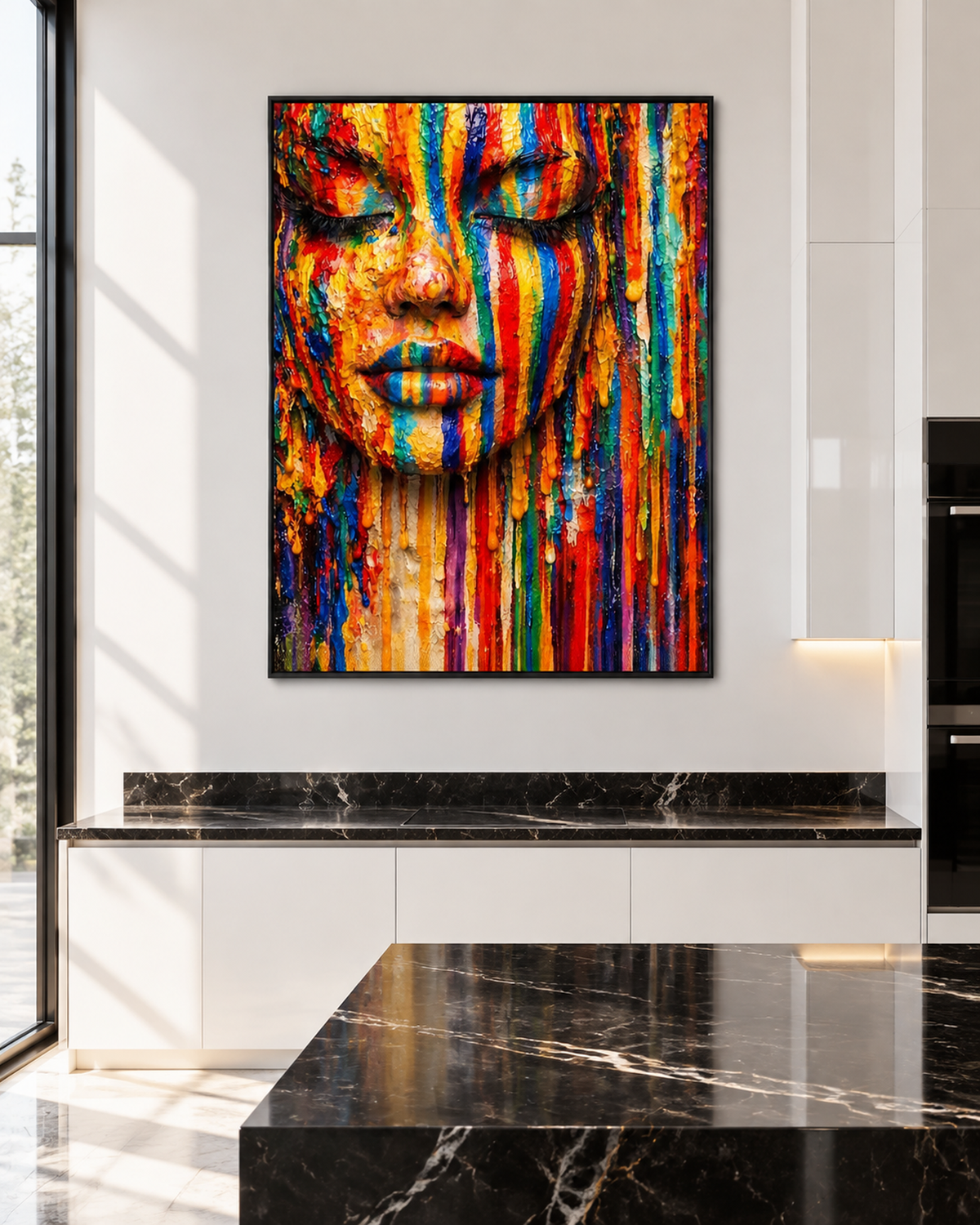 Chromatic Silence by NAÏAH, a colorful sculptural female portrait with closed eyes, shown at 40 × 60 cm in a black frame in a bright minimalist kitchen.