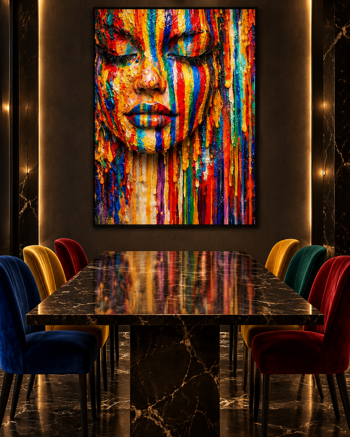 Chromatic Silence by NAÏAH, a colorful sculptural female portrait with closed eyes, shown at 70 × 100 cm in a black frame in a refined dining room.