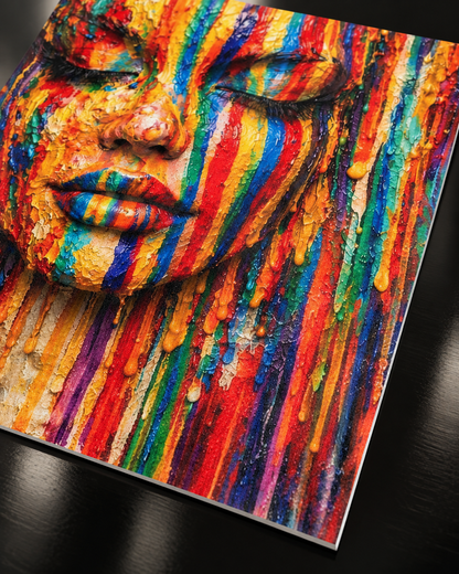 Close-up of Chromatic Silence by NAÏAH, a colorful sculptural female portrait with closed eyes, showing the fine-art paper and printed surface detail.