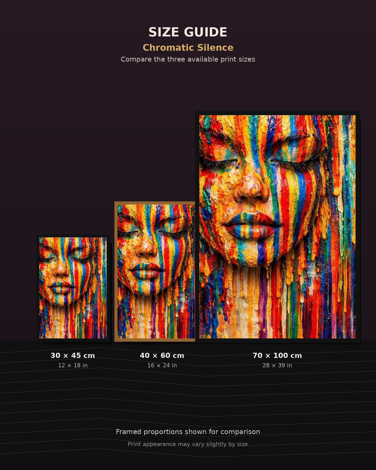 Chromatic Silence by NAÏAH size guide comparing 30 × 45, 40 × 60 and 70 × 100 cm formats.