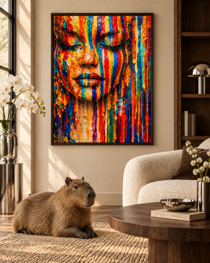 Chromatic Silence by NAÏAH, a colorful sculptural female portrait with closed eyes, displayed in a luxury interior with a realistic capybara.