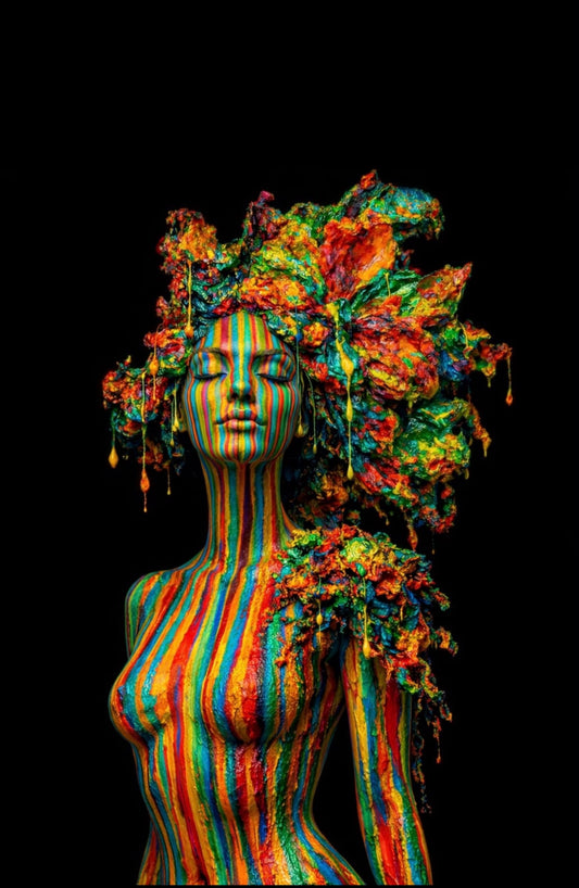 Emerging Body by NAÏAH, a colorful striped sculptural female figure on a black background, full artwork view prepared for the product gallery.
