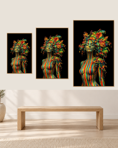 Emerging Body by NAÏAH size guide showing 30 × 45, 40 × 60 and 70 × 100 cm fine art prints.