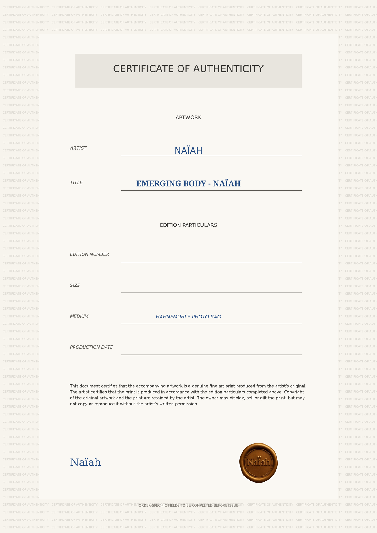 Numbered Certificate of Authenticity template for Emerging Body by NAÏAH.