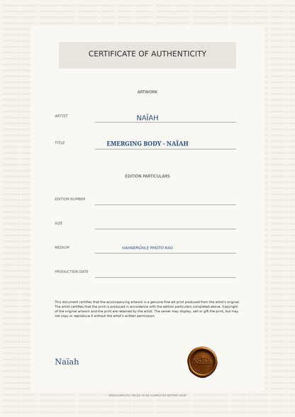 Numbered Certificate of Authenticity template for Emerging Body by NAÏAH.