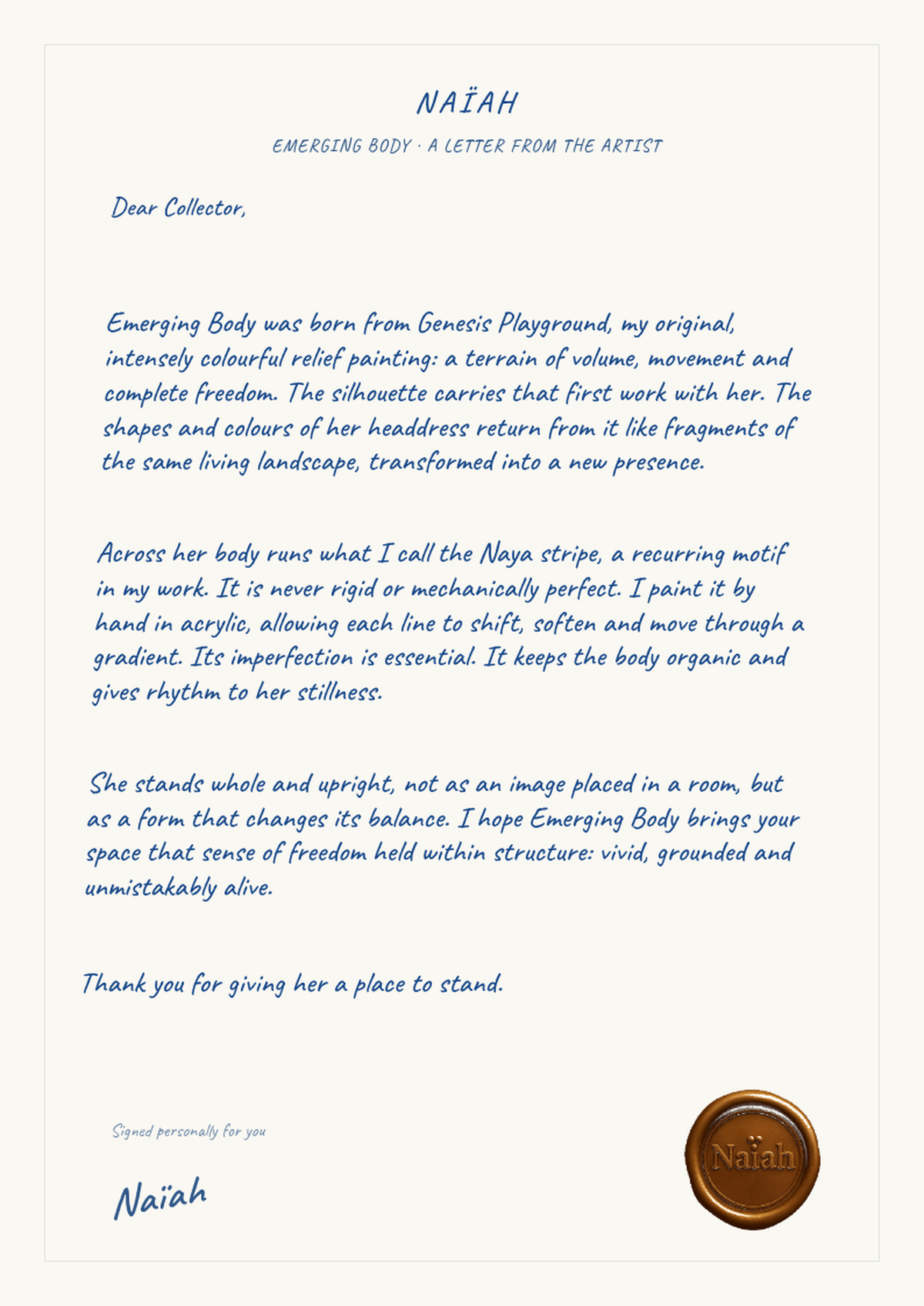 Personal Dear Collector artist letter for Emerging Body by NAÏAH.